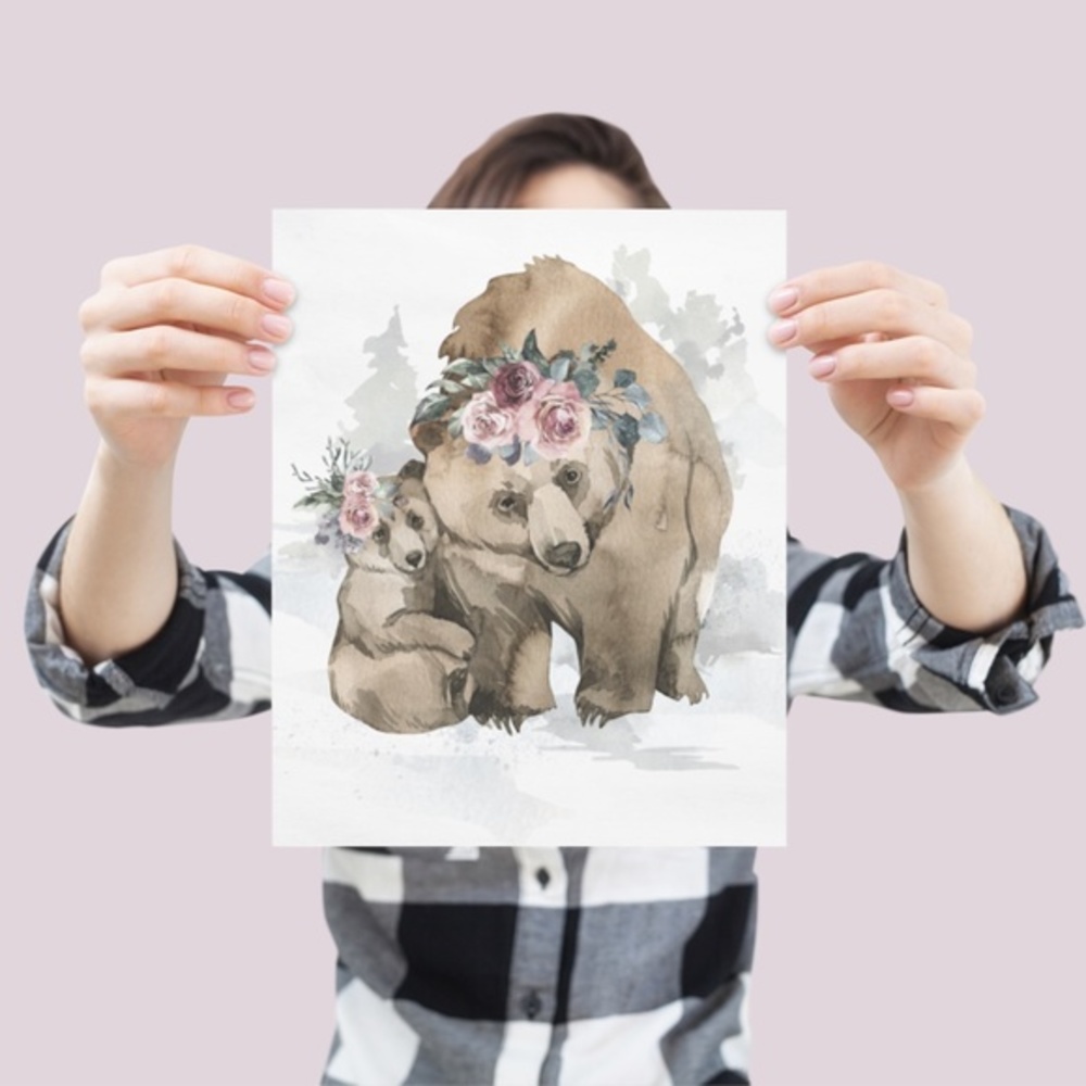 Watercolor Mama and Baby Bear Portrait Wall Art Illustration Print Unframed - Picture 5 of 11